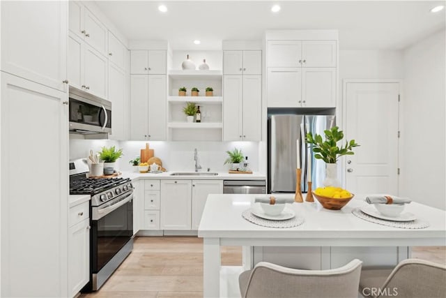 kitchen with appliances with stainless steel finishes, white cabinetry, a sink, and open shelves