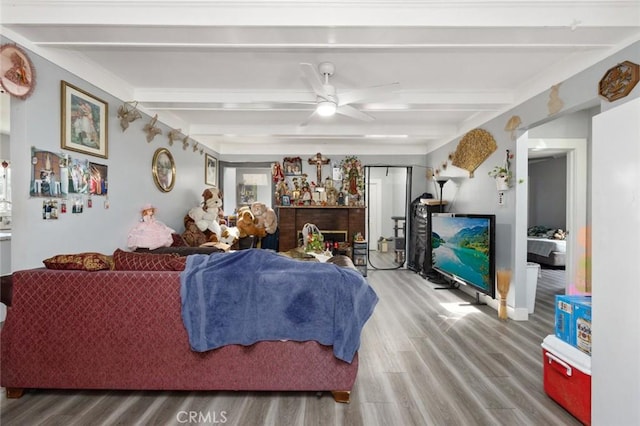 living room featuring a ceiling fan, beamed ceiling, and wood finished floors