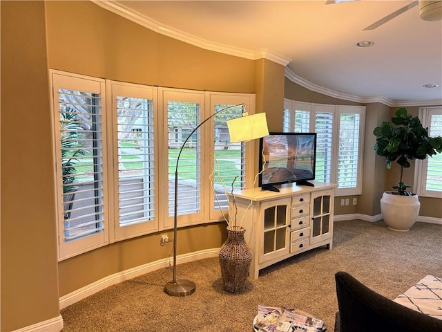 carpeted living room with a ceiling fan, crown molding, and baseboards