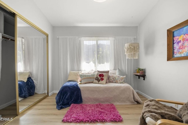 bedroom with wood finished floors, a closet, and baseboards