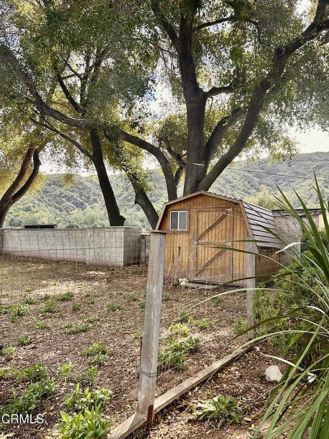 view of yard featuring a storage shed, an outdoor structure, and fence