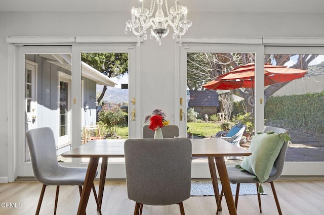 dining room with an inviting chandelier and wood finished floors