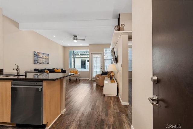 kitchen with dark countertops, open floor plan, dark wood-style flooring, stainless steel dishwasher, and a sink