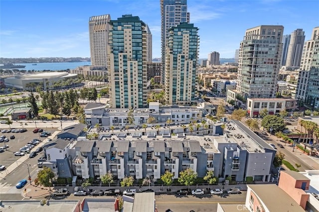 aerial view with a city view and a water view