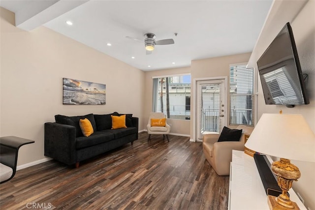 living room with ceiling fan, baseboards, dark wood-style flooring, and recessed lighting