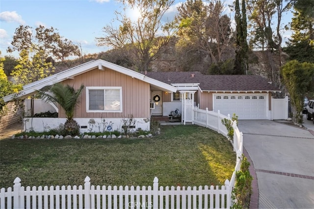 single story home featuring an attached garage, a shingled roof, fence, driveway, and a front lawn