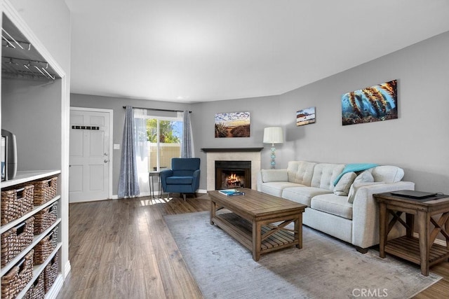 living room featuring a lit fireplace, baseboards, and wood finished floors