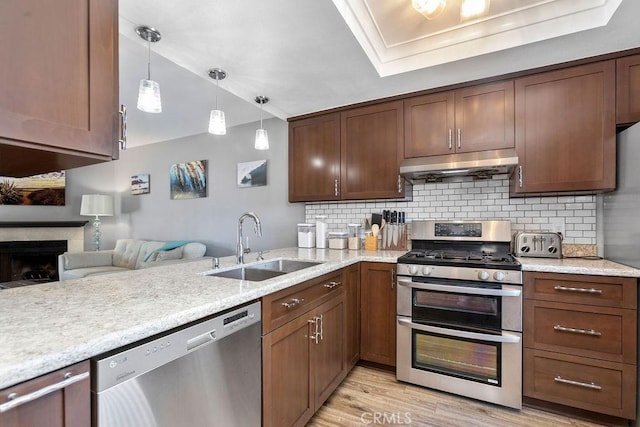 kitchen featuring stainless steel appliances, tasteful backsplash, light wood-style flooring, a sink, and under cabinet range hood