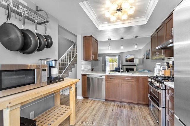 kitchen with under cabinet range hood, appliances with stainless steel finishes, light countertops, and a tray ceiling