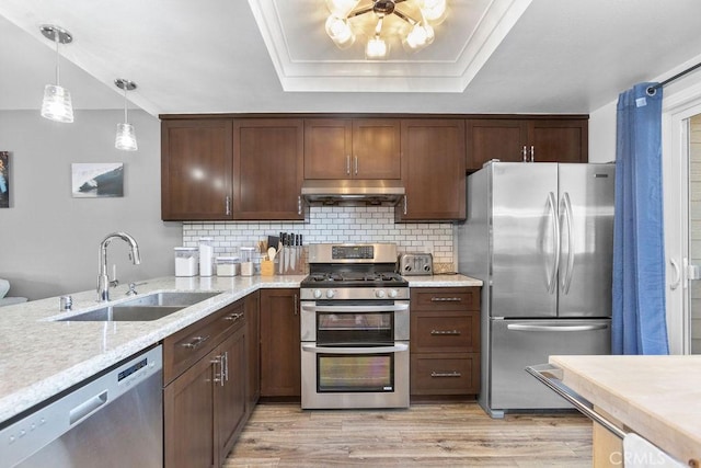 kitchen with tasteful backsplash, light wood-style flooring, stainless steel appliances, under cabinet range hood, and a sink