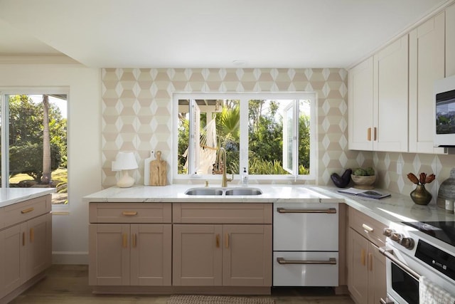 kitchen with white appliances, a sink, a wealth of natural light, and light stone countertops