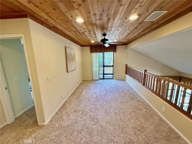 bonus room featuring carpet, recessed lighting, visible vents, wooden ceiling, and baseboards