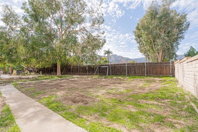 view of yard with a fenced backyard and a mountain view