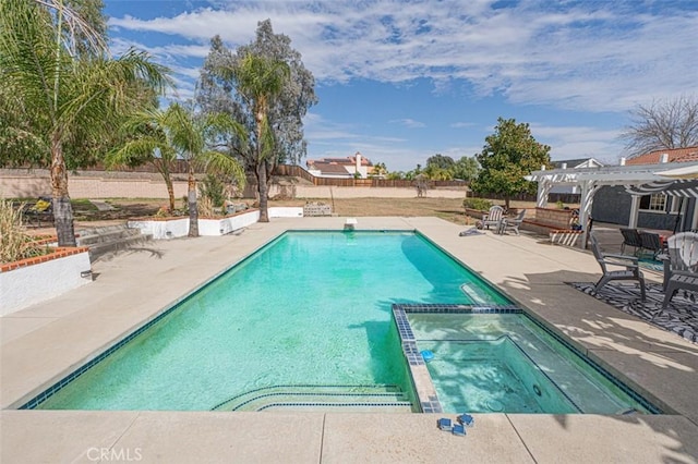 view of swimming pool featuring a fenced backyard, a pool with connected hot tub, a diving board, a pergola, and a patio area