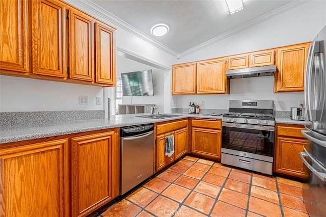 kitchen with appliances with stainless steel finishes, light countertops, crown molding, under cabinet range hood, and a sink