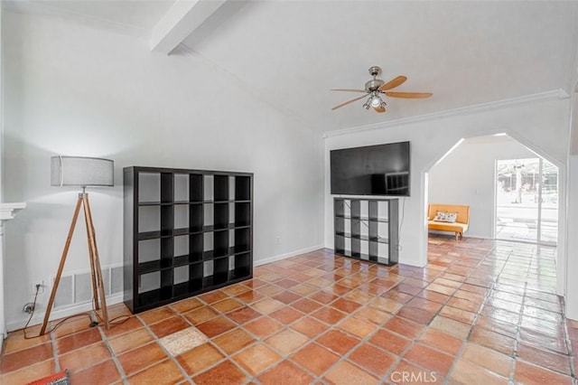 spare room featuring arched walkways, vaulted ceiling with beams, visible vents, a ceiling fan, and baseboards