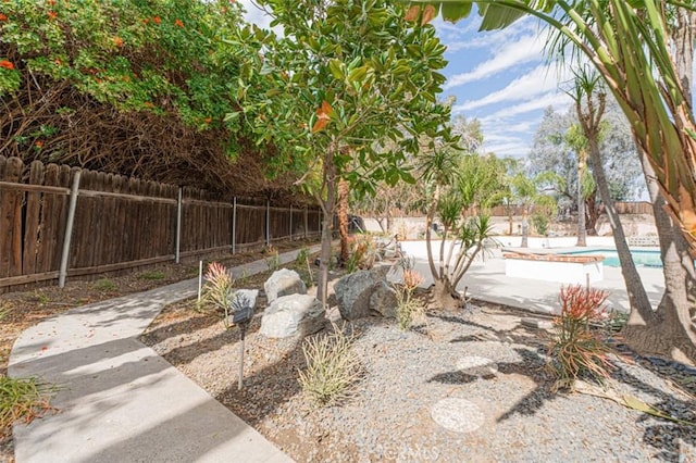 view of yard with a patio, a fenced backyard, and a fenced in pool