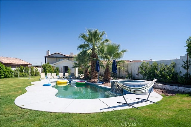 view of pool featuring a fenced backyard, an in ground hot tub, a lawn, a fenced in pool, and a patio area