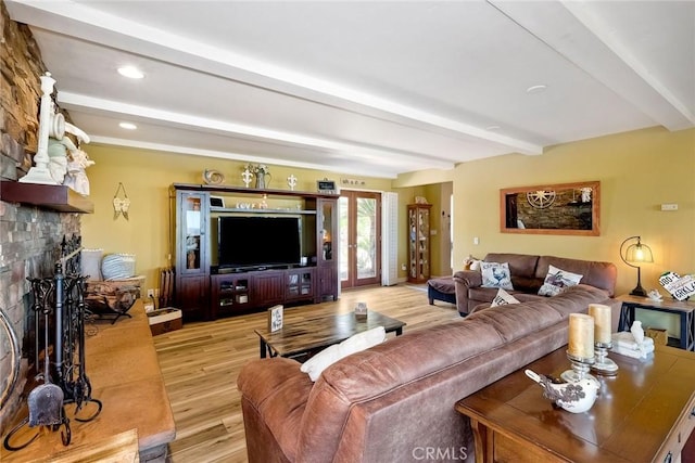 2056 Wonderview Dr, Vista, CA 92084 - living area with beam ceiling, light wood finished floors, a fireplace, and recessed lighting