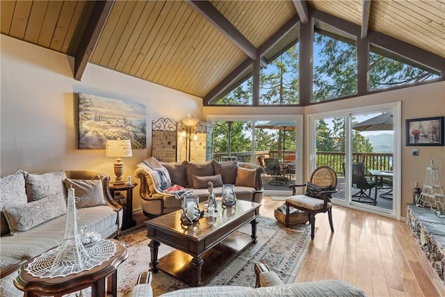 750 Zurich Dr, Lake Arrowhead, CA 92352 - living room featuring hardwood / wood-style floors, high vaulted ceiling, plenty of natural light, and a wood ceiling with exposed beams