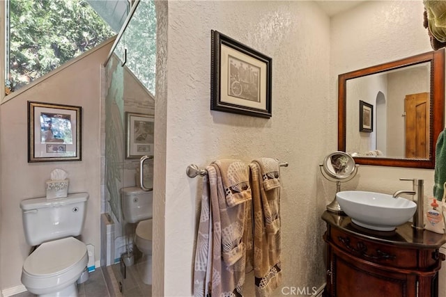 750 Zurich Dr, Lake Arrowhead, CA 92352 - bathroom with vanity, a textured wall, toilet, and a shower