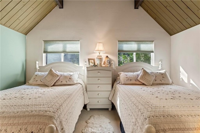 750 Zurich Dr, Lake Arrowhead, CA 92352 - bedroom featuring lofted ceiling with beams and carpet flooring