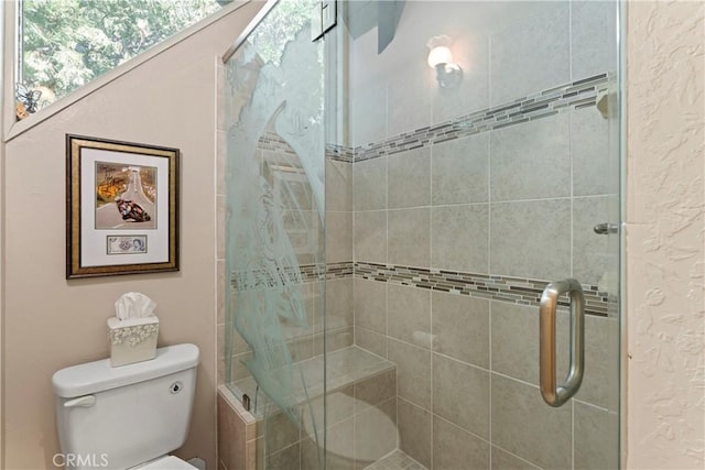 750 Zurich Dr, Lake Arrowhead, CA 92352 - full bath featuring a textured wall, a stall shower, and toilet
