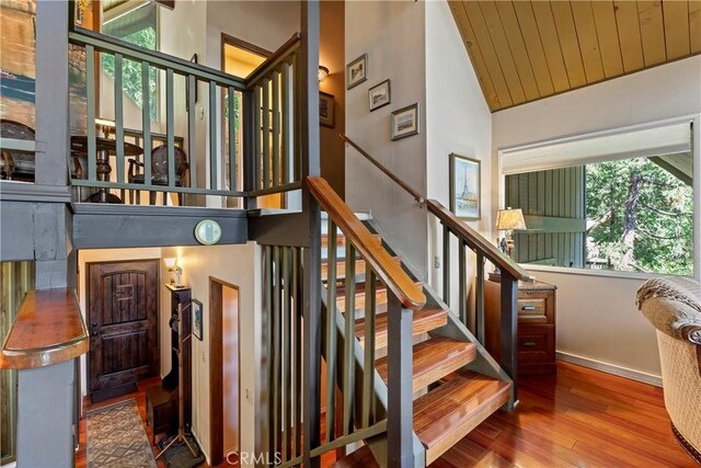 750 Zurich Dr, Lake Arrowhead, CA 92352 - stairs with wood finished floors, lofted ceiling, and wood ceiling