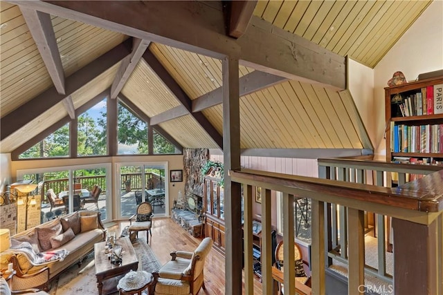 750 Zurich Dr, Lake Arrowhead, CA 92352 - living room featuring wooden ceiling, lofted ceiling with beams, and wood-type flooring
