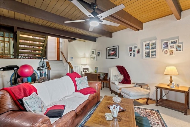 750 Zurich Dr, Lake Arrowhead, CA 92352 - living room featuring a wooden ceiling with exposed beams, stairs, carpet flooring, and a ceiling fan