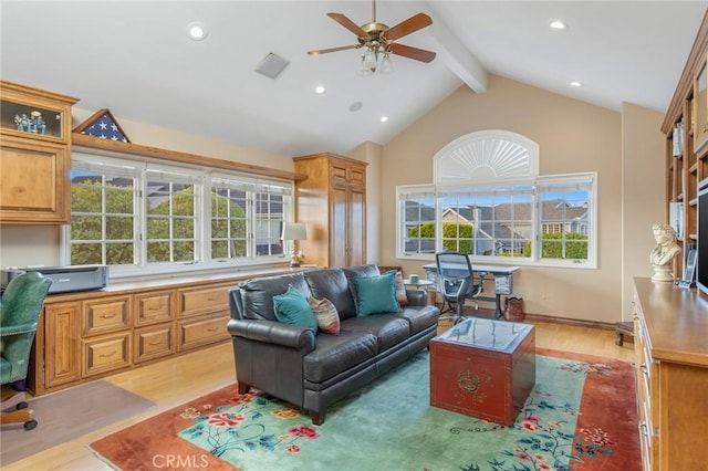 living area featuring vaulted ceiling with beams, built in desk, recessed lighting, visible vents, and light wood-style floors