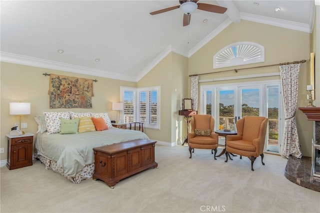 bedroom with ornamental molding, access to outside, carpet flooring, and multiple windows