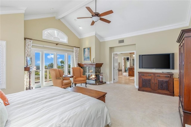 bedroom featuring light carpet, visible vents, access to outside, beam ceiling, and a multi sided fireplace