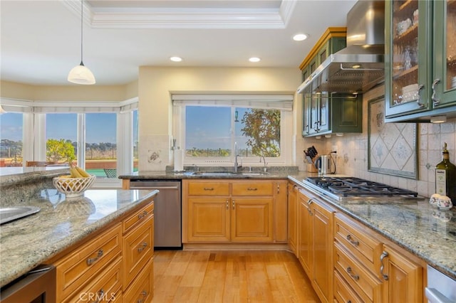 kitchen with stainless steel appliances, a sink, hanging light fixtures, wall chimney range hood, and a tray ceiling