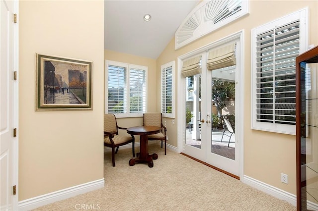 living area featuring recessed lighting, carpet floors, baseboards, vaulted ceiling, and french doors