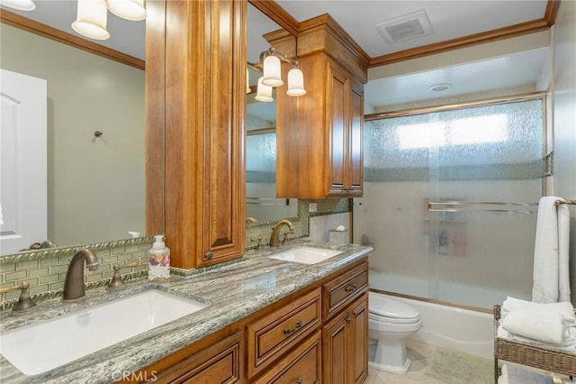 full bath with tasteful backsplash, visible vents, a sink, and ornamental molding