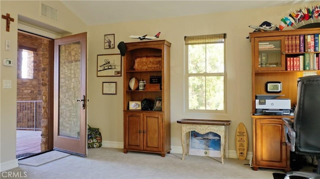 office space with light colored carpet, a wealth of natural light, and visible vents