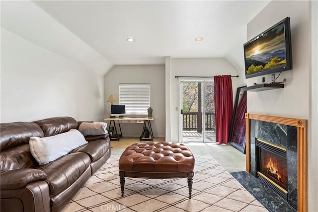 892 Breithorn Dr, Lake Arrowhead, CA 92352 - living room with recessed lighting, a high end fireplace, lofted ceiling, and light carpet