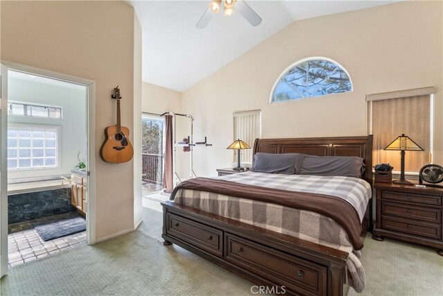 892 Breithorn Dr, Lake Arrowhead, CA 92352 - bedroom with high vaulted ceiling, access to outside, multiple windows, and light colored carpet