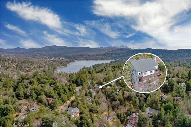 892 Breithorn Dr, Lake Arrowhead, CA 92352 - bird's eye view featuring a wooded view and a water and mountain view