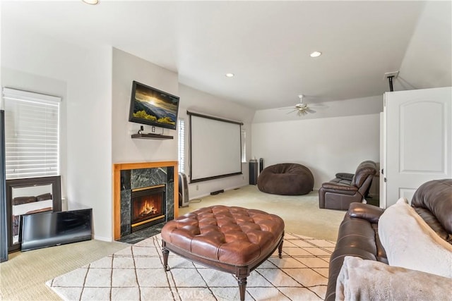 892 Breithorn Dr, Lake Arrowhead, CA 92352 - living room with carpet floors, baseboards, ceiling fan, recessed lighting, and a premium fireplace
