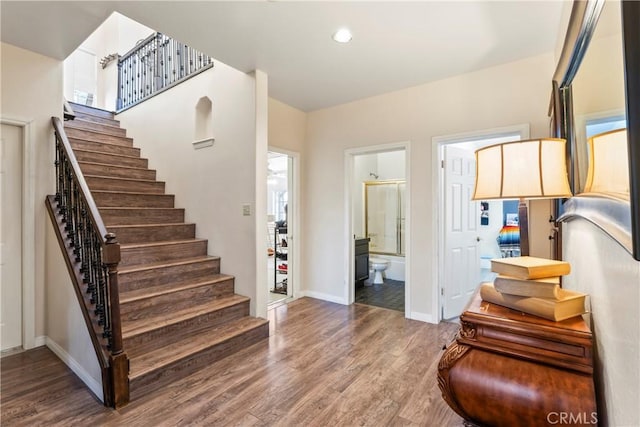 892 Breithorn Dr, Lake Arrowhead, CA 92352 - interior space featuring stairs, recessed lighting, baseboards, and wood finished floors