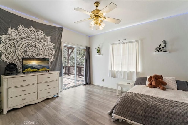 892 Breithorn Dr, Lake Arrowhead, CA 92352 - bedroom with access to outside, a ceiling fan, baseboards, and light wood-type flooring
