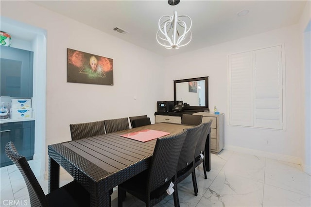 dining space with baseboards, marble finish floor, visible vents, and an inviting chandelier