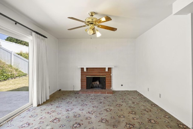 205 Bluefield Ave, Newbury Park, CA 91320 - unfurnished living room featuring ceiling fan, a fireplace, carpet floors, and baseboards