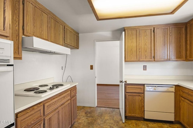 205 Bluefield Ave, Newbury Park, CA 91320 - kitchen featuring white appliances, under cabinet range hood, light countertops, and brown cabinets