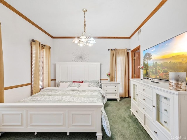 bedroom featuring an inviting chandelier, visible vents, dark carpet, and crown molding