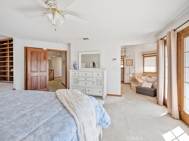 bedroom with light colored carpet, visible vents, baseboards, and ceiling fan with notable chandelier