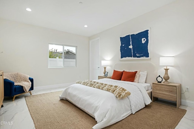 bedroom featuring recessed lighting, baseboards, and marble finish floor