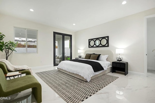 bedroom with marble finish floor, recessed lighting, french doors, baseboards, and access to exterior